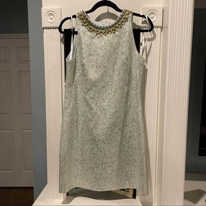 Light blue and metallic sheath dress with embellished collar